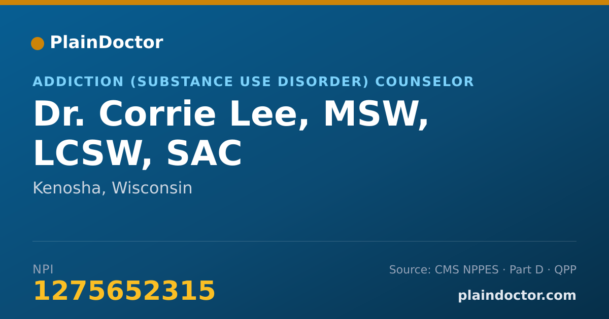 Shareable card for Corrie Lee, MSW, LCSW, SAC - Addiction (Substance Use Disorder) Counselor, Kenosha, WI