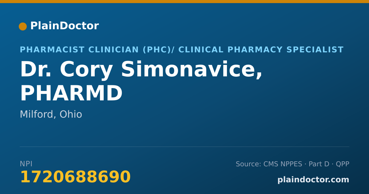 Shareable card for Cory Simonavice, PHARMD - Pharmacist Clinician (PhC)/ Clinical Pharmacy Specialist, Milford, OH