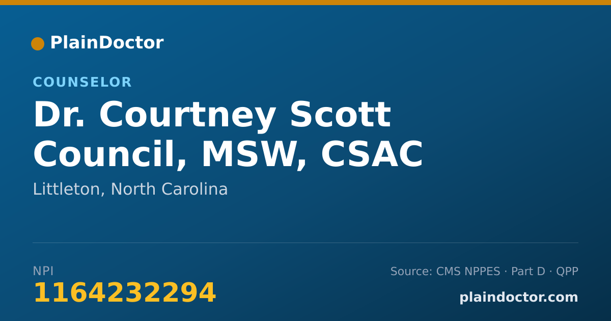 Shareable card for Courtney Scott Council, MSW, CSAC - Counselor, Littleton, NC