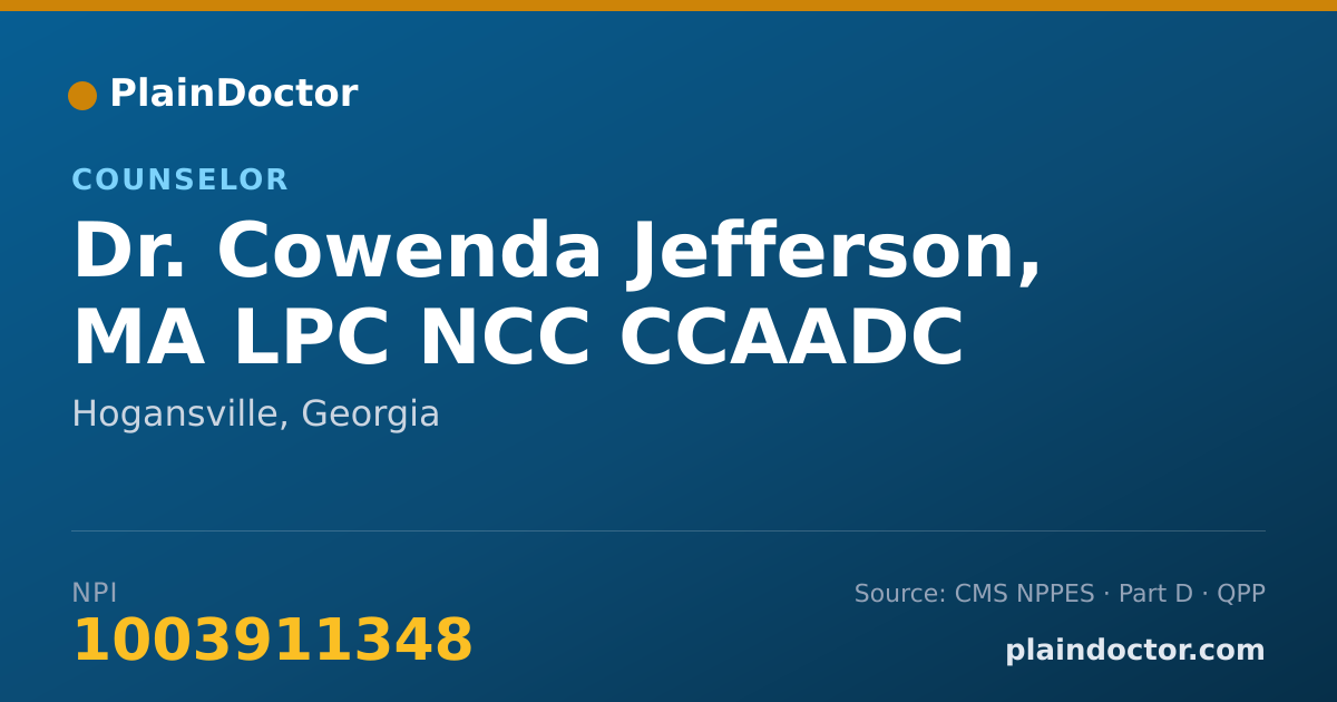 Shareable card for Cowenda Jefferson, MA LPC NCC CCAADC - Counselor, Hogansville, GA