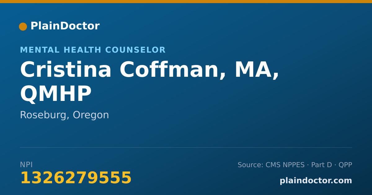 Shareable card for Cristina Coffman, MA, QMHP - Mental Health Counselor, Roseburg, OR