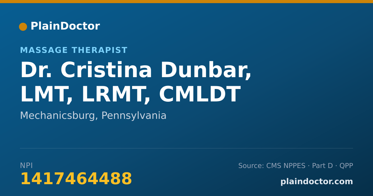 Shareable card for Cristina Dunbar, LMT, LRMT, CMLDT - Massage Therapist, Mechanicsburg, PA