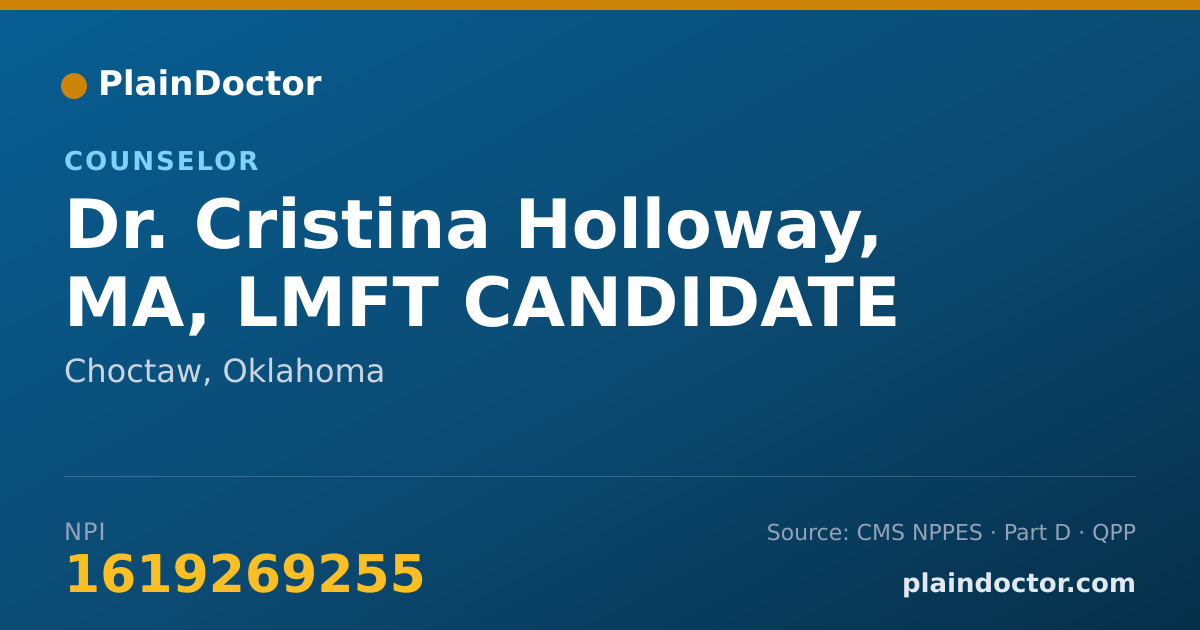Shareable card for Cristina Holloway, MA, LMFT CANDIDATE - Counselor, Choctaw, OK
