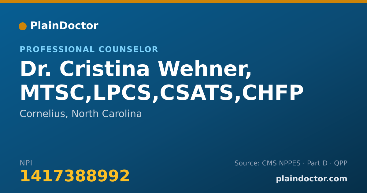 Shareable card for Cristina Wehner, MTSC,LPCS,CSATS,CHFP - Professional Counselor, Cornelius, NC