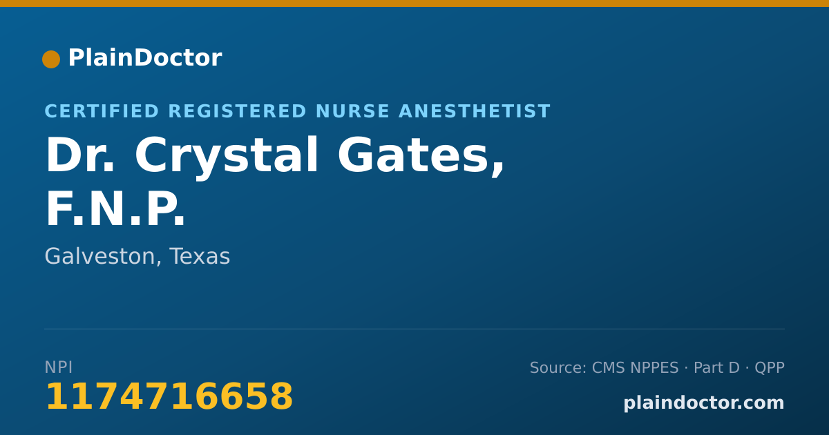 Shareable card for Crystal Gates, F.N.P. - Certified Registered Nurse Anesthetist, Galveston, TX