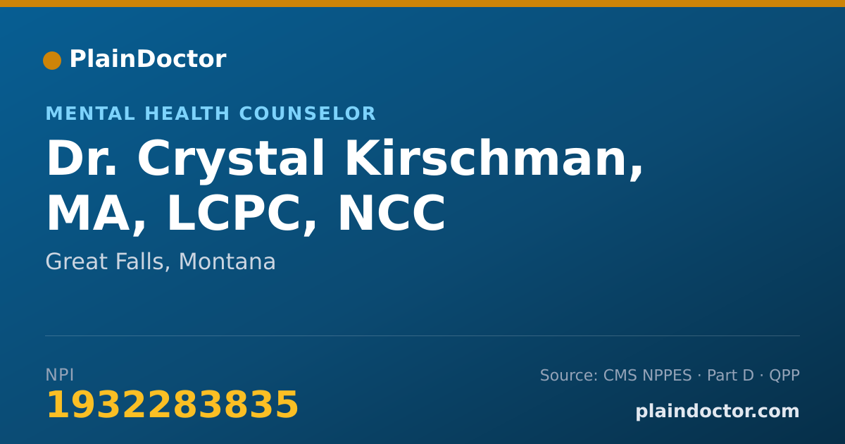 Shareable card for Crystal Kirschman, MA, LCPC, NCC - Mental Health Counselor, Great Falls, MT