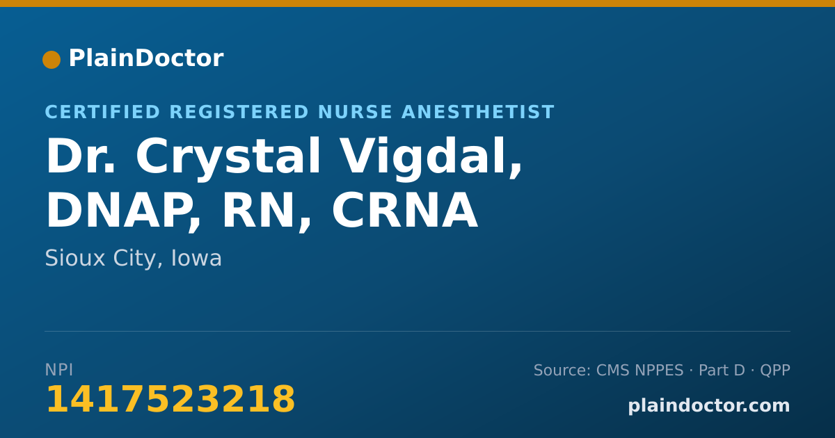 Shareable card for Crystal Vigdal, DNAP, RN, CRNA - Certified Registered Nurse Anesthetist, Sioux City, IA