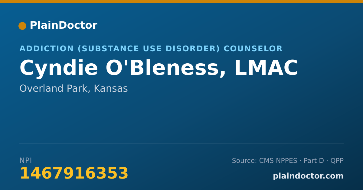 Shareable card for Cyndie O'Bleness, LMAC - Addiction (Substance Use Disorder) Counselor, Overland Park, KS