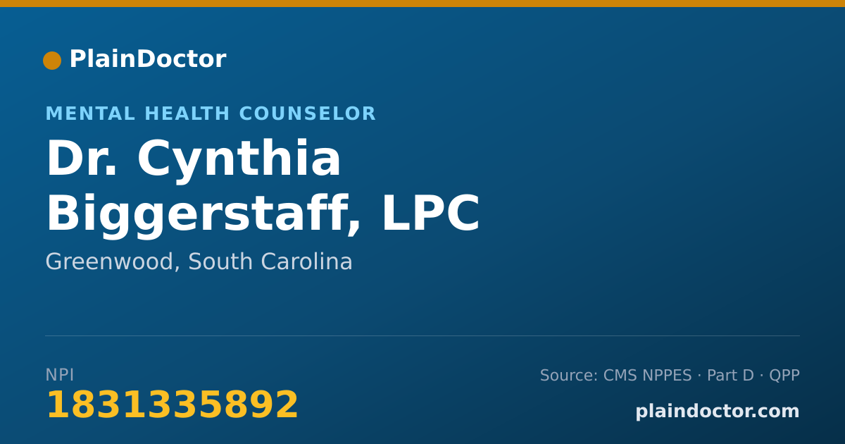 Shareable card for Cynthia Biggerstaff, LPC - Mental Health Counselor, Greenwood, SC