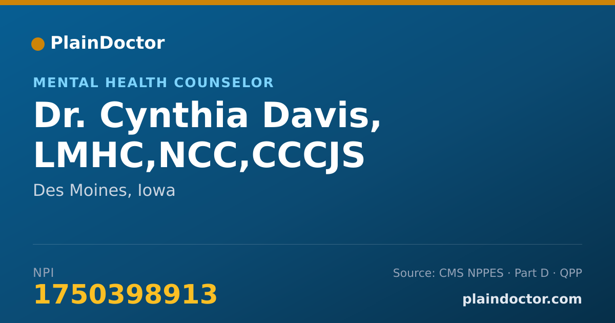 Shareable card for Cynthia Davis, LMHC,NCC,CCCJS - Mental Health Counselor, Des Moines, IA