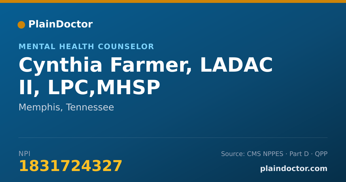 Shareable card for Cynthia Farmer, LADAC II, LPC,MHSP - Mental Health Counselor, Memphis, TN