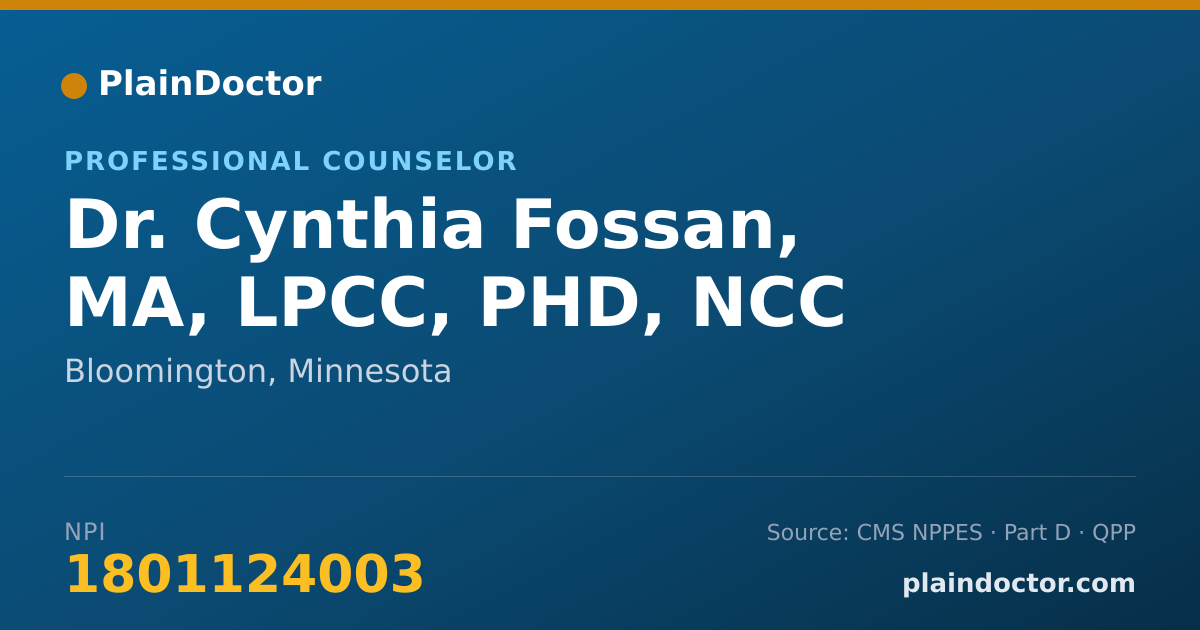 Shareable card for Cynthia Fossan, MA, LPCC, PHD, NCC - Professional Counselor, Bloomington, MN
