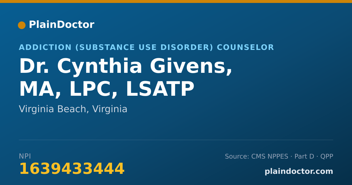 Shareable card for Cynthia Givens, MA, LPC, LSATP - Addiction (Substance Use Disorder) Counselor, Virginia Beach, VA