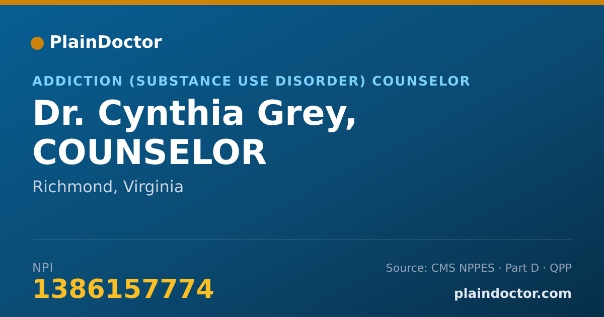 Shareable card for Cynthia Grey, COUNSELOR - Addiction (Substance Use Disorder) Counselor, Richmond, VA
