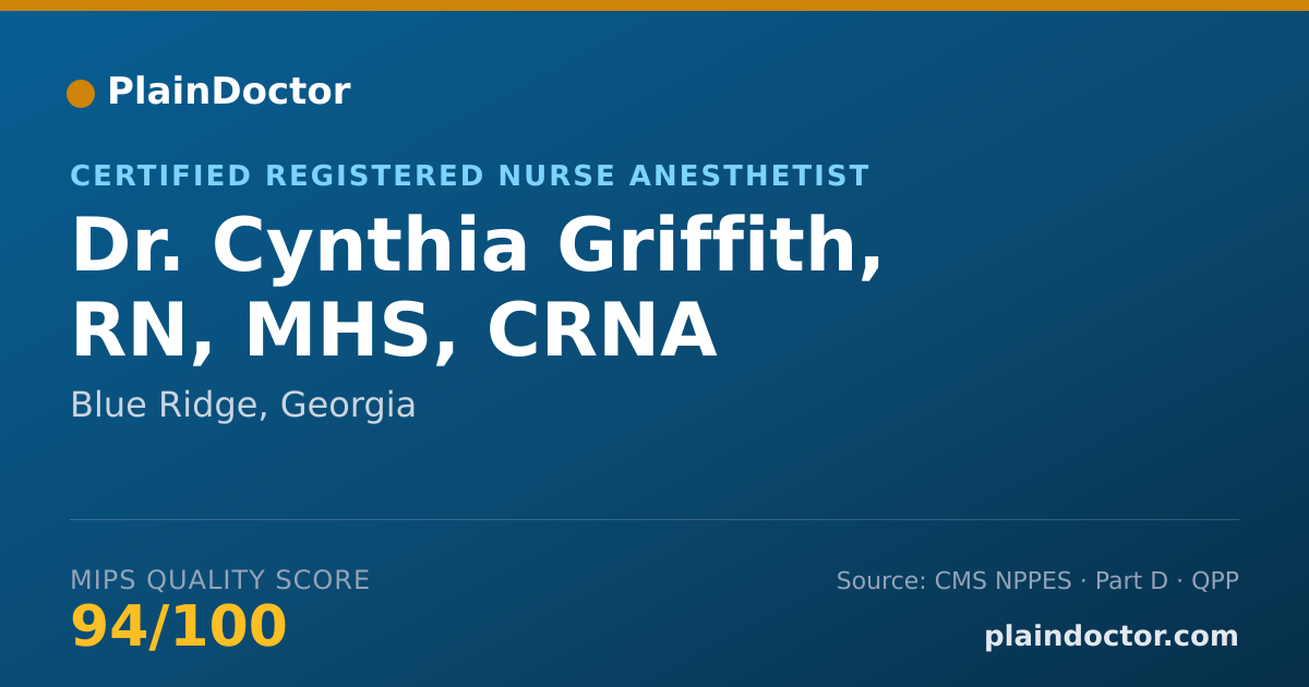 Shareable card for Cynthia Griffith, RN, MHS, CRNA - Certified Registered Nurse Anesthetist, Blue Ridge, GA