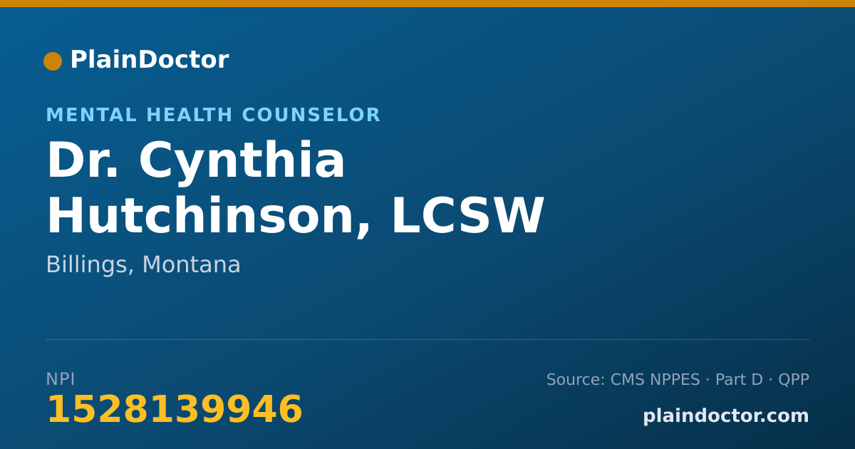 Shareable card for Cynthia Hutchinson, LCSW - Mental Health Counselor, Billings, MT