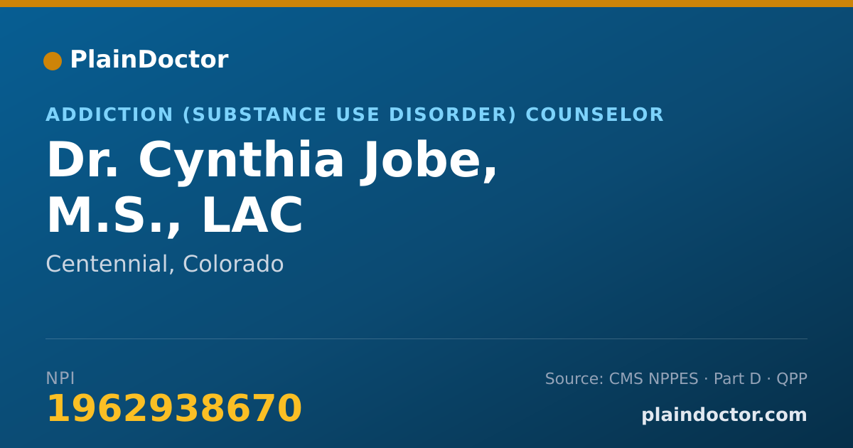 Shareable card for Cynthia Jobe, M.S., LAC - Addiction (Substance Use Disorder) Counselor, Centennial, CO