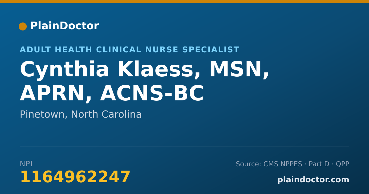 Shareable card for Cynthia Klaess, MSN, APRN, ACNS-BC - Adult Health Clinical Nurse Specialist, Pinetown, NC