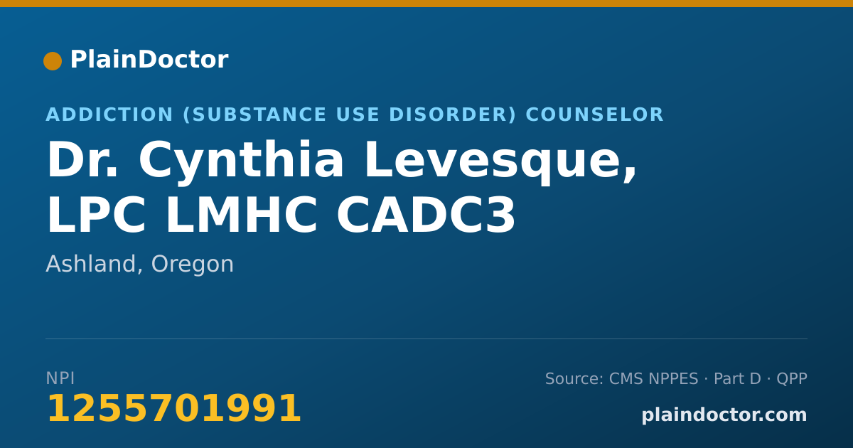 Shareable card for Cynthia Levesque, LPC LMHC CADC3 - Addiction (Substance Use Disorder) Counselor, Ashland, OR