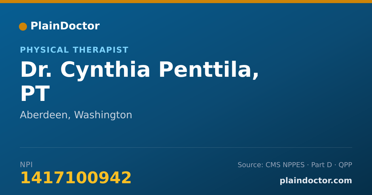 Shareable card for Cynthia Penttila, PT - Physical Therapist, Aberdeen, WA