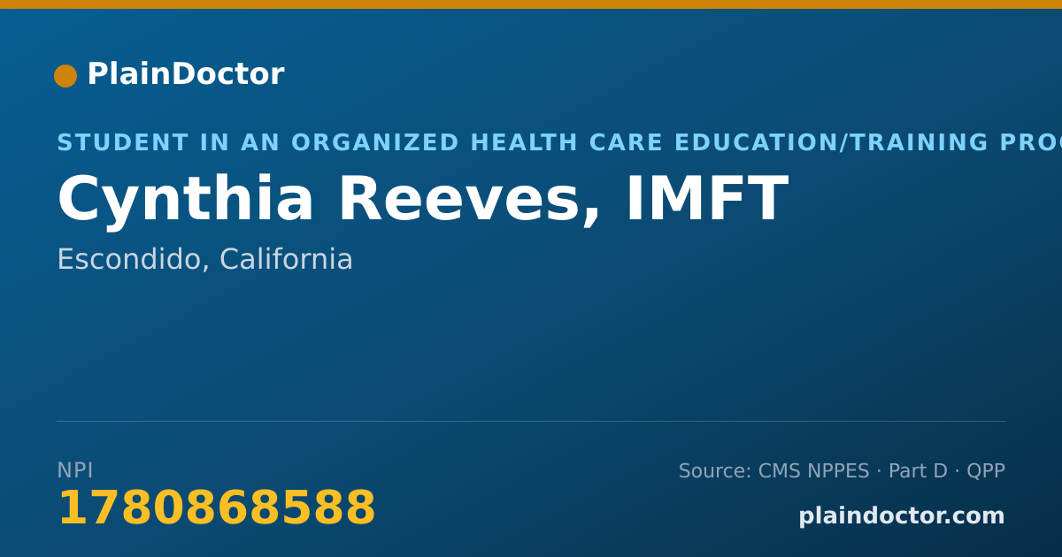 Shareable card for Cynthia Reeves, IMFT - Student in an Organized Health Care Education/Training Program, Escondido, CA