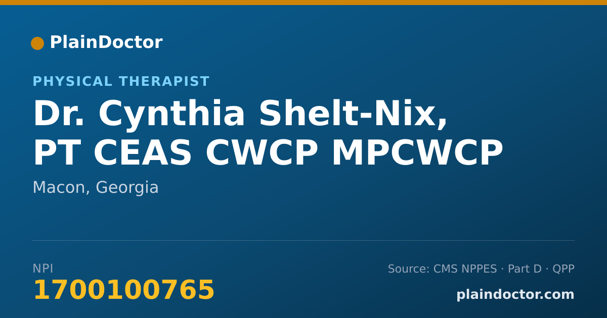 Shareable card for Cynthia Shelt-Nix, PT CEAS CWCP MPCWCP - Physical Therapist, Macon, GA