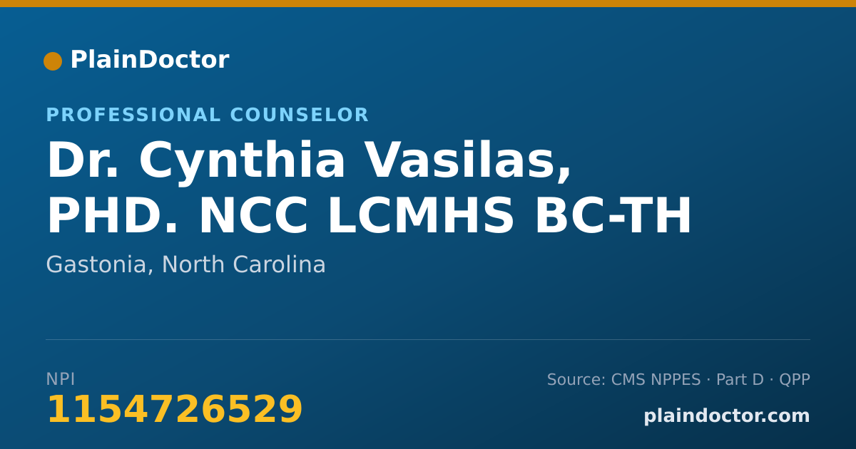Shareable card for Cynthia Vasilas, PHD. NCC LCMHS BC-TH - Professional Counselor, Gastonia, NC