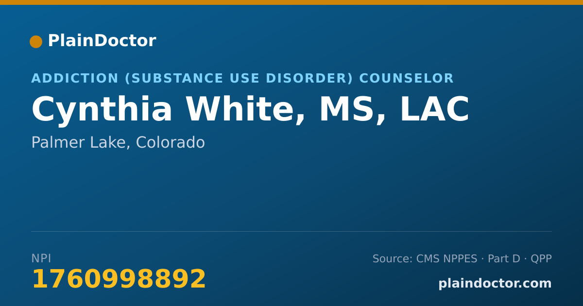 Shareable card for Cynthia White, MS, LAC - Addiction (Substance Use Disorder) Counselor, Palmer Lake, CO