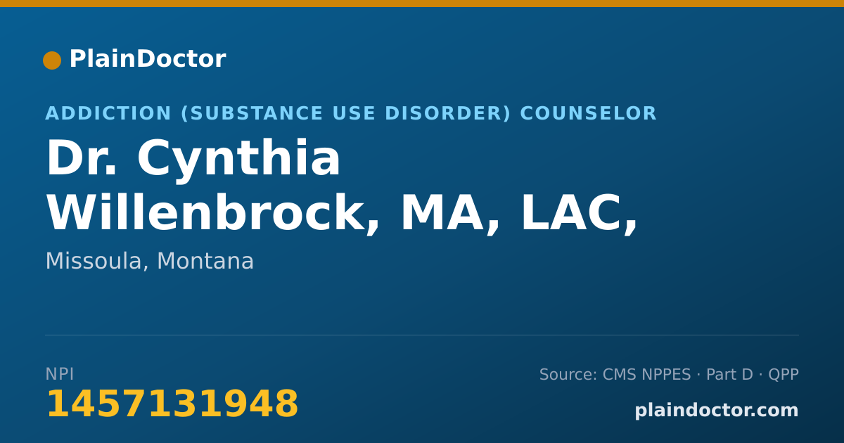 Shareable card for Cynthia Willenbrock, MA, LAC, PCLC - Addiction (Substance Use Disorder) Counselor, Missoula, MT