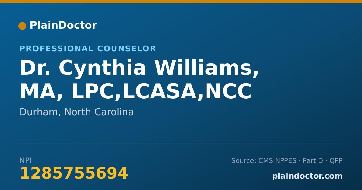Shareable card for Cynthia Williams, MA, LPC,LCASA,NCC - Professional Counselor, Durham, NC