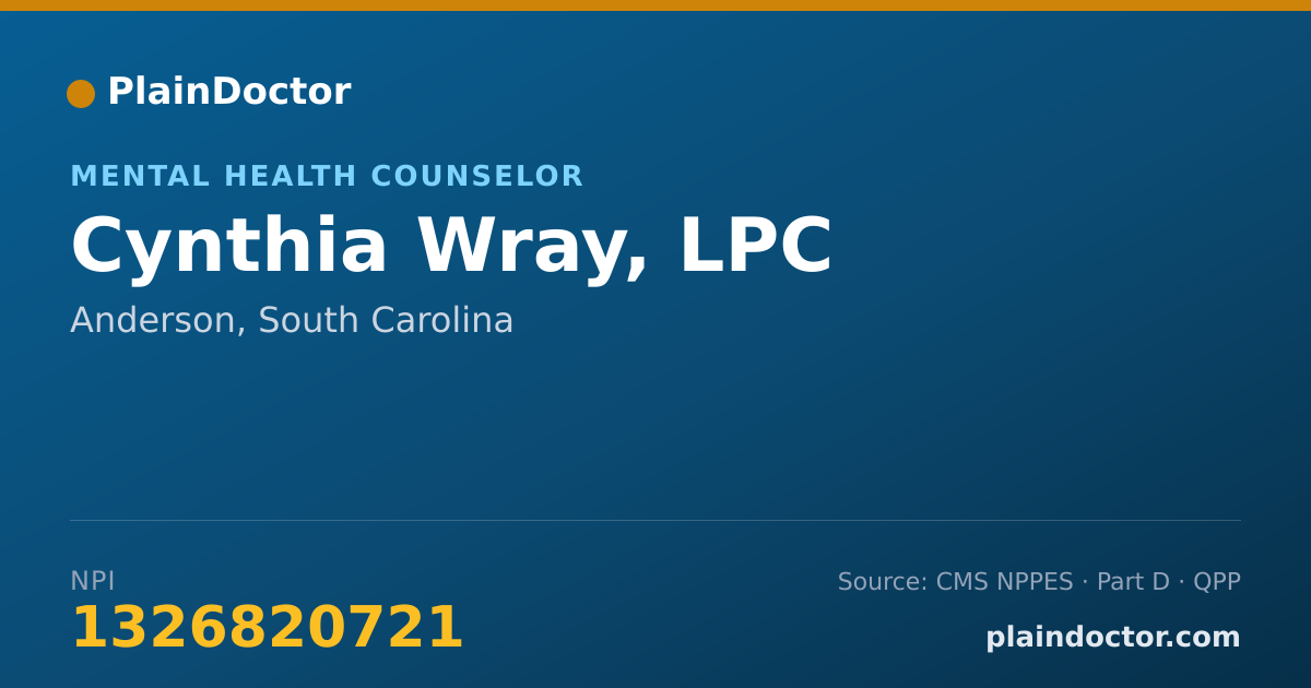 Shareable card for Cynthia Wray, LPC - Mental Health Counselor, Anderson, SC