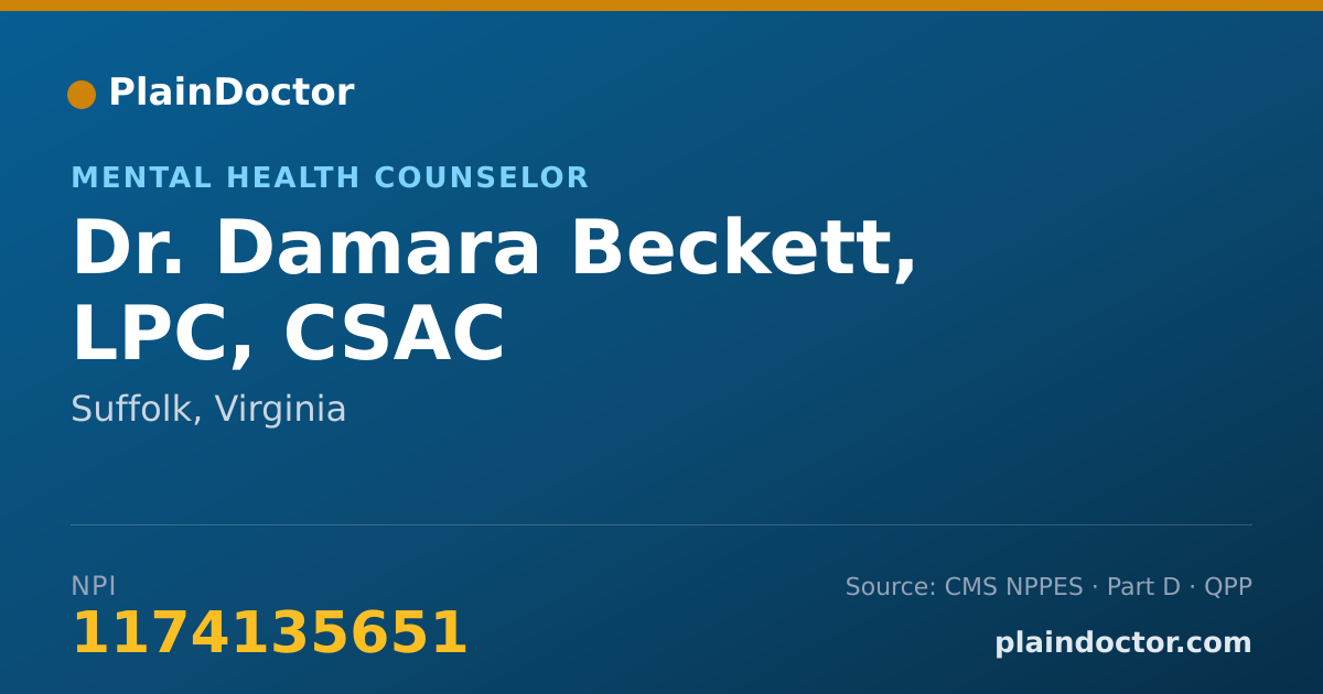 Shareable card for Damara Beckett, LPC, CSAC - Mental Health Counselor, Suffolk, VA
