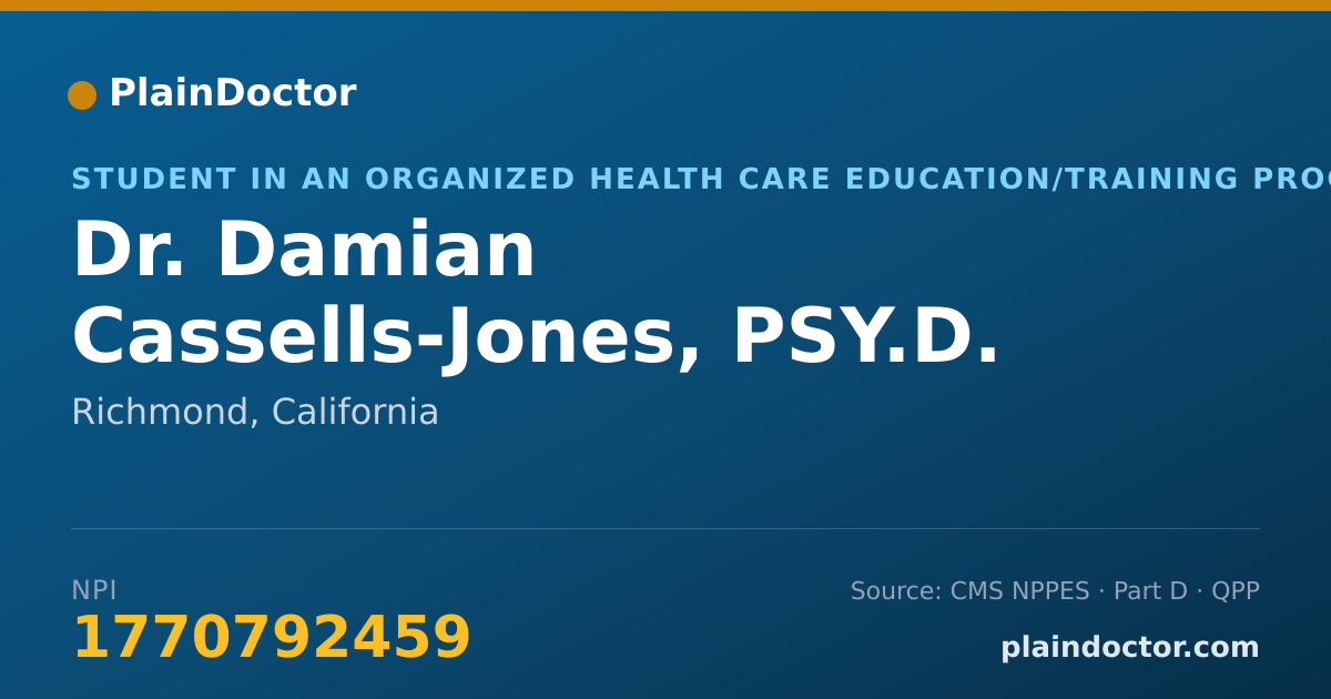 Shareable card for Damian Cassells-Jones, PSY.D. - Student in an Organized Health Care Education/Training Program, Richmond, CA