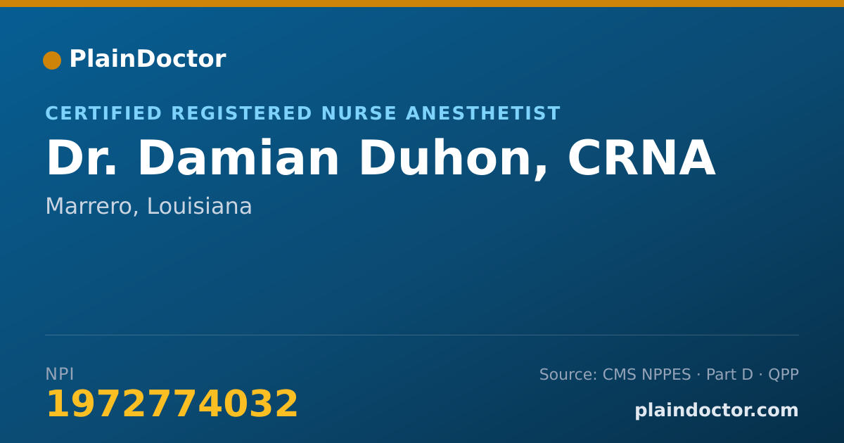 Shareable card for Damian Duhon, CRNA - Certified Registered Nurse Anesthetist, Marrero, LA