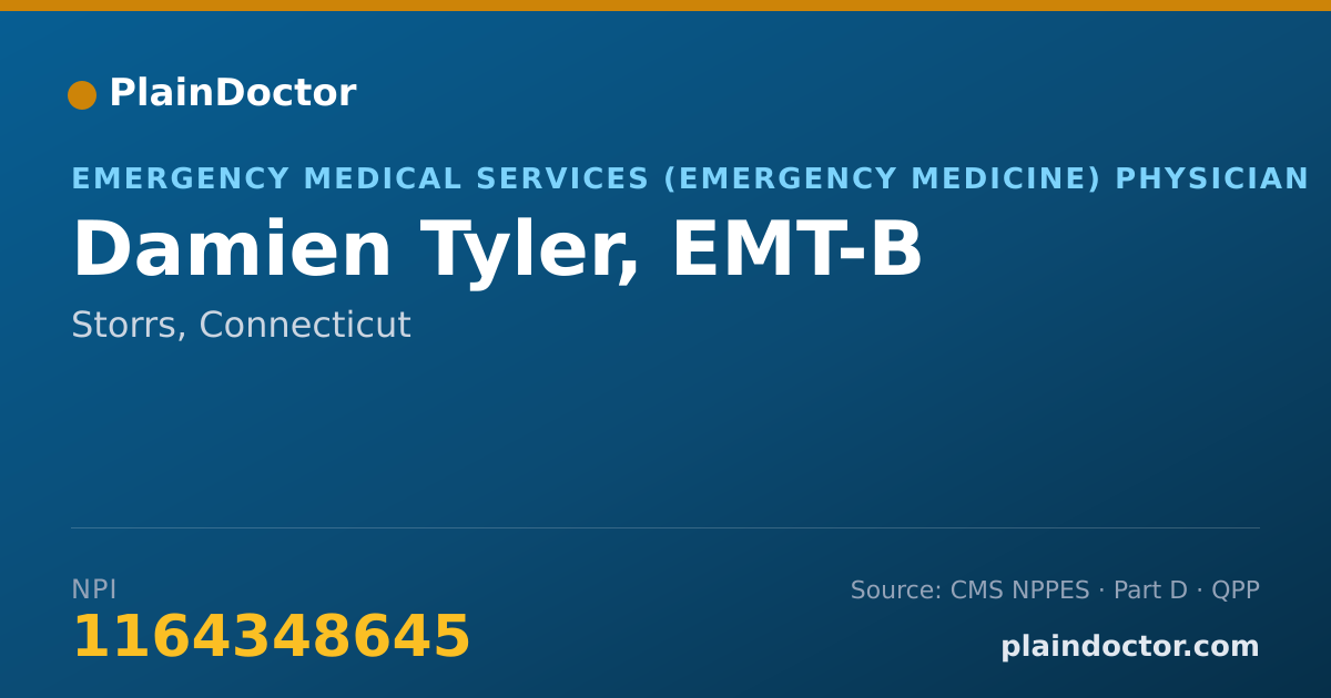 Shareable card for Damien Tyler, EMT-B - Emergency Medical Services (Emergency Medicine) Physician, Storrs, CT