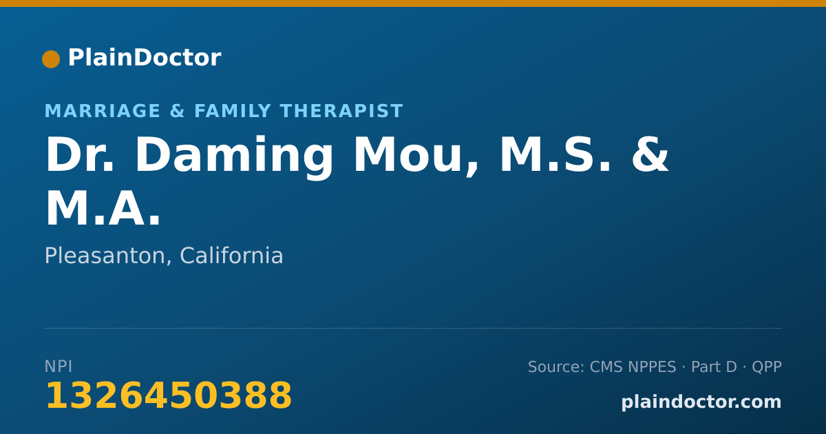 Shareable card for Daming Mou, M.S. &  M.A. - Marriage & Family Therapist, Pleasanton, CA