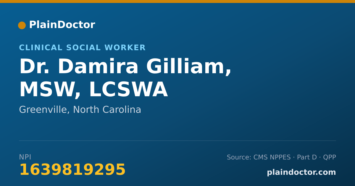 Shareable card for Damira Gilliam, MSW, LCSWA - Clinical Social Worker, Greenville, NC