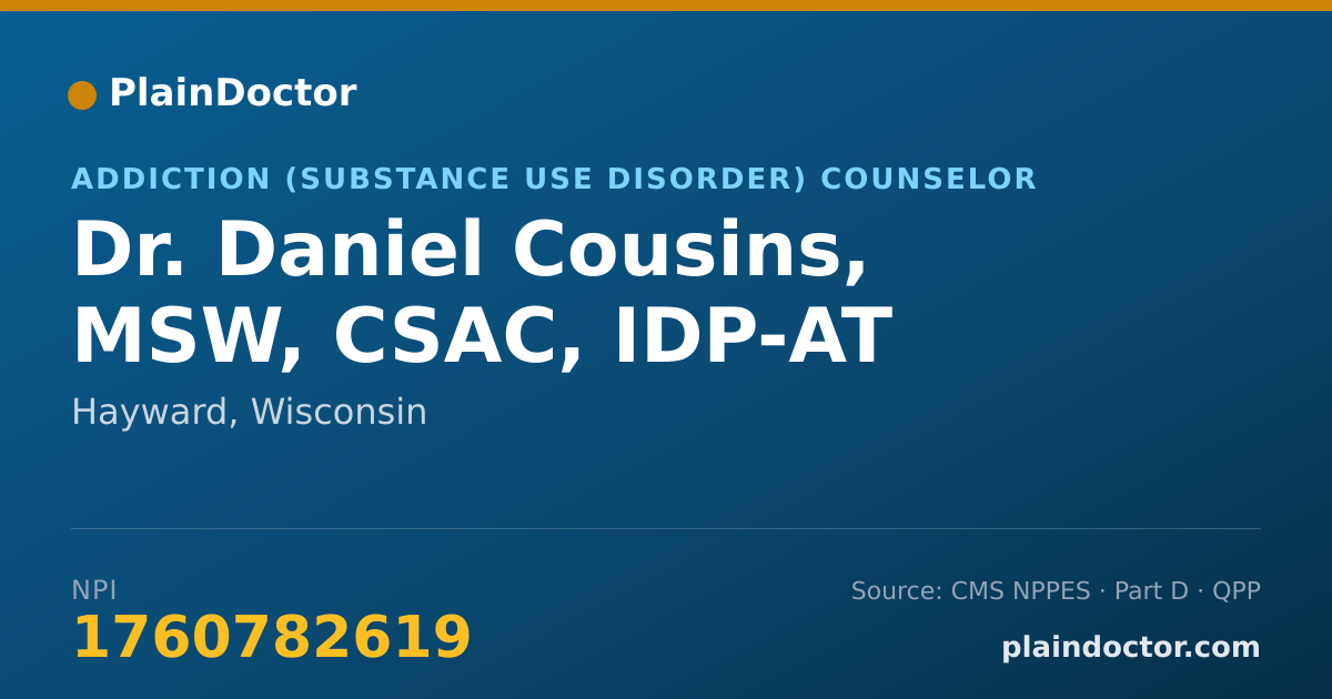 Shareable card for Daniel Cousins, MSW, CSAC, IDP-AT - Addiction (Substance Use Disorder) Counselor, Hayward, WI