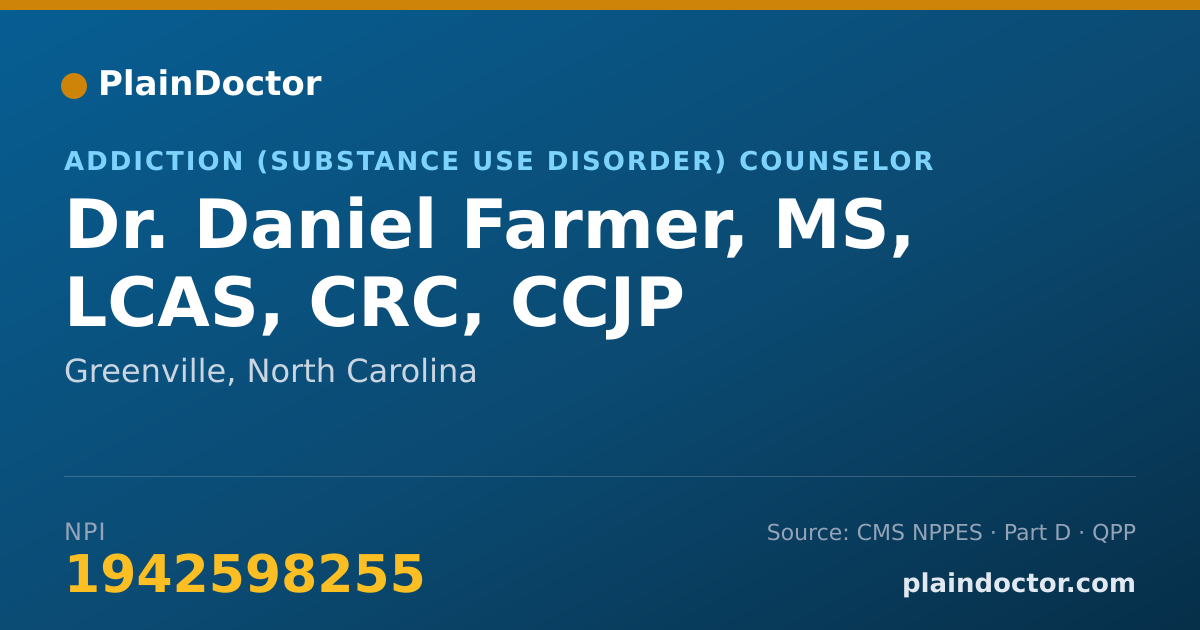 Shareable card for Daniel Farmer, MS, LCAS, CRC, CCJP - Addiction (Substance Use Disorder) Counselor, Greenville, NC