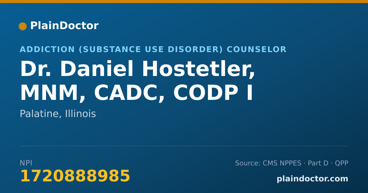 Shareable card for Daniel Hostetler, MNM, CADC, CODP I - Addiction (Substance Use Disorder) Counselor, Palatine, IL