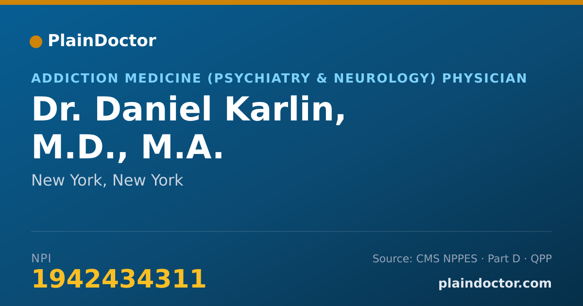 Shareable card for Daniel Karlin, M.D., M.A. - Addiction Medicine (Psychiatry & Neurology) Physician, New York, NY