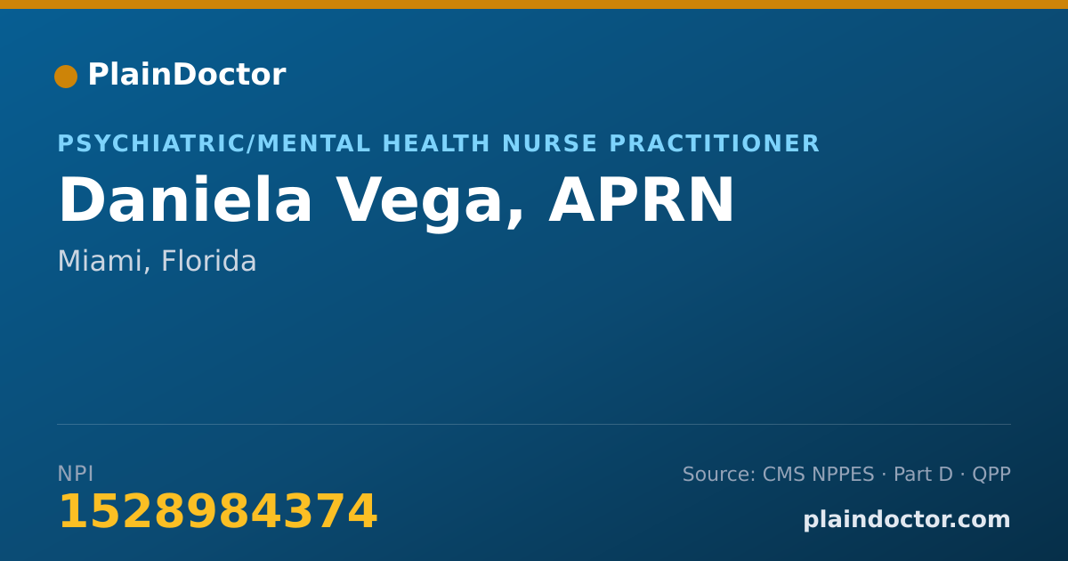 Shareable card for Daniela Vega, APRN - Psychiatric/Mental Health Nurse Practitioner, Miami, FL