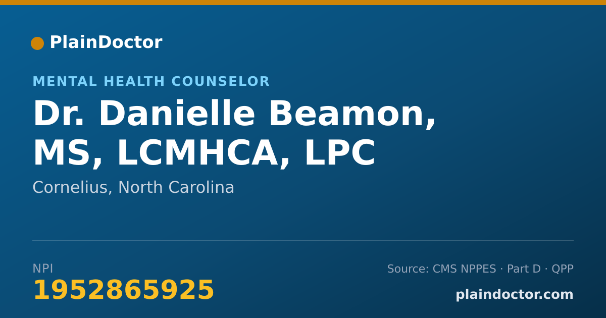 Shareable card for Danielle Beamon, MS, LCMHCA, LPC - Mental Health Counselor, Cornelius, NC