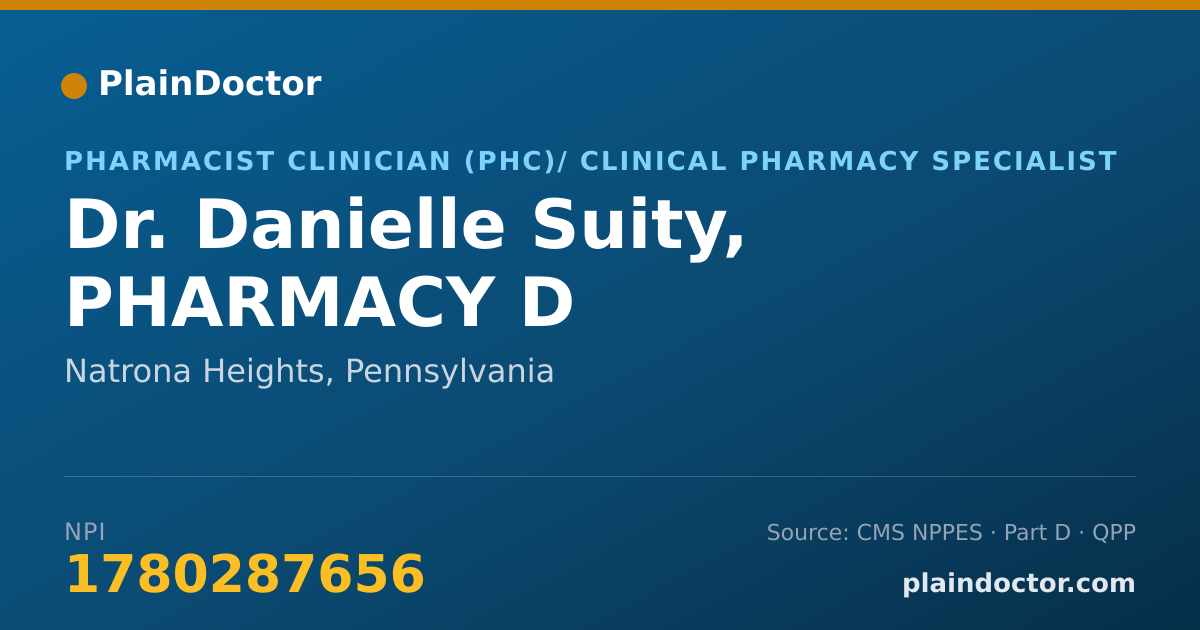 Shareable card for Danielle Suity, PHARMACY D - Pharmacist Clinician (PhC)/ Clinical Pharmacy Specialist, Natrona Heights, PA