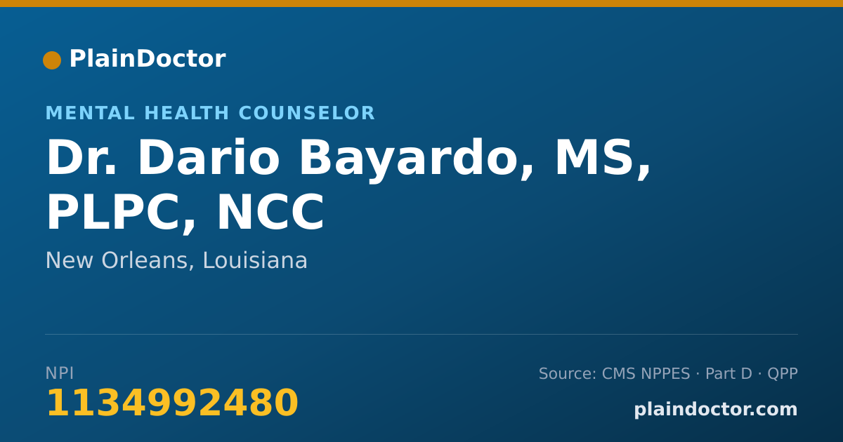 Shareable card for Dario Bayardo, MS, PLPC, NCC - Mental Health Counselor, New Orleans, LA