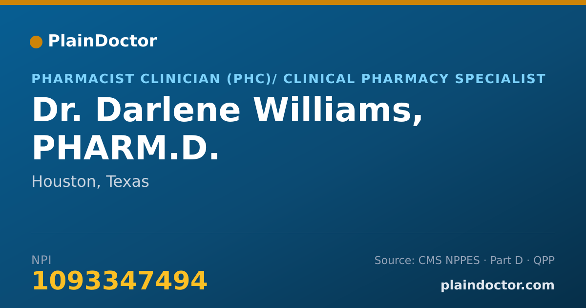 Shareable card for Darlene Williams, PHARM.D. - Pharmacist Clinician (PhC)/ Clinical Pharmacy Specialist, Houston, TX