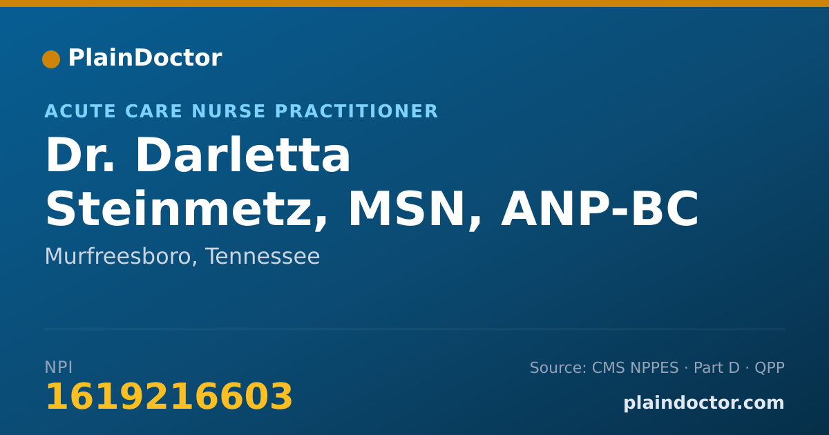 Shareable card for Darletta Steinmetz, MSN, ANP-BC - Acute Care Nurse Practitioner, Murfreesboro, TN