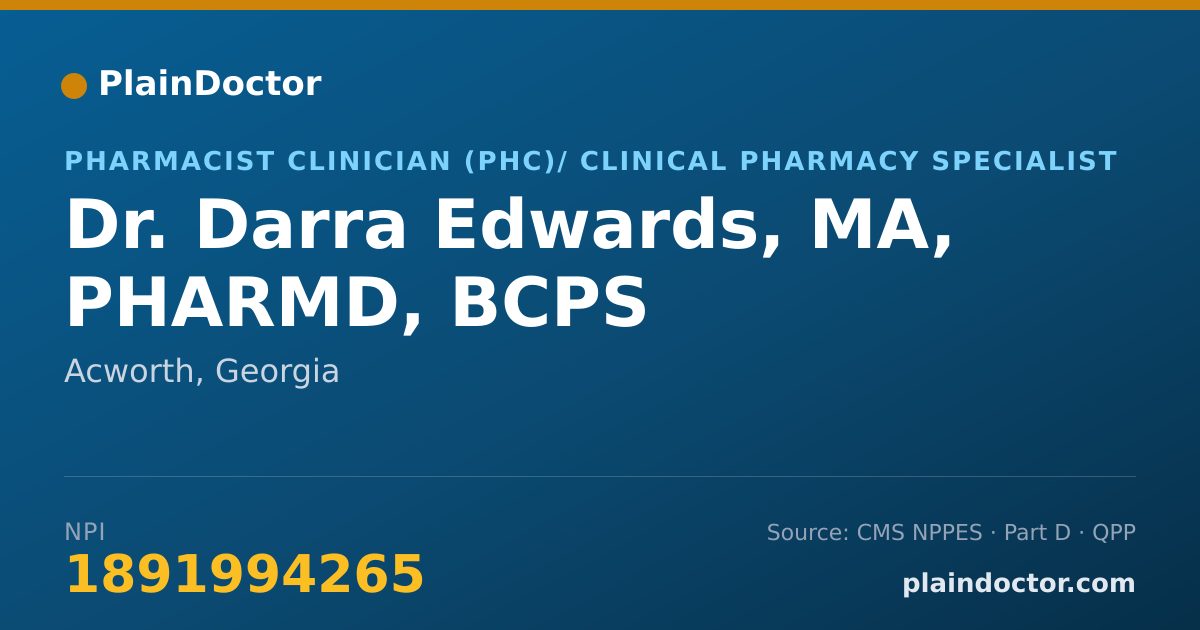 Shareable card for Darra Edwards, MA, PHARMD, BCPS - Pharmacist Clinician (PhC)/ Clinical Pharmacy Specialist, Acworth, GA