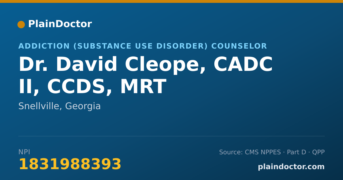 Shareable card for David Cleope, CADC II, CCDS, MRT - Addiction (Substance Use Disorder) Counselor, Snellville, GA