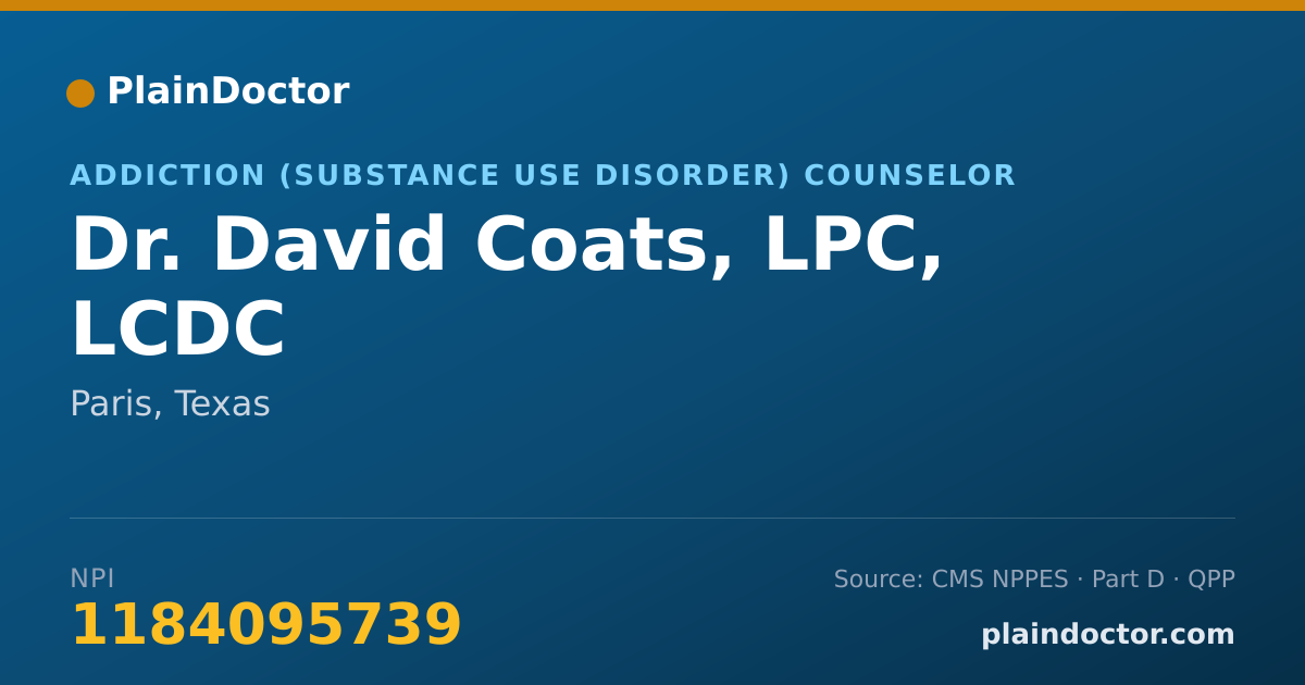 Shareable card for David Coats, LPC, LCDC - Addiction (Substance Use Disorder) Counselor, Paris, TX